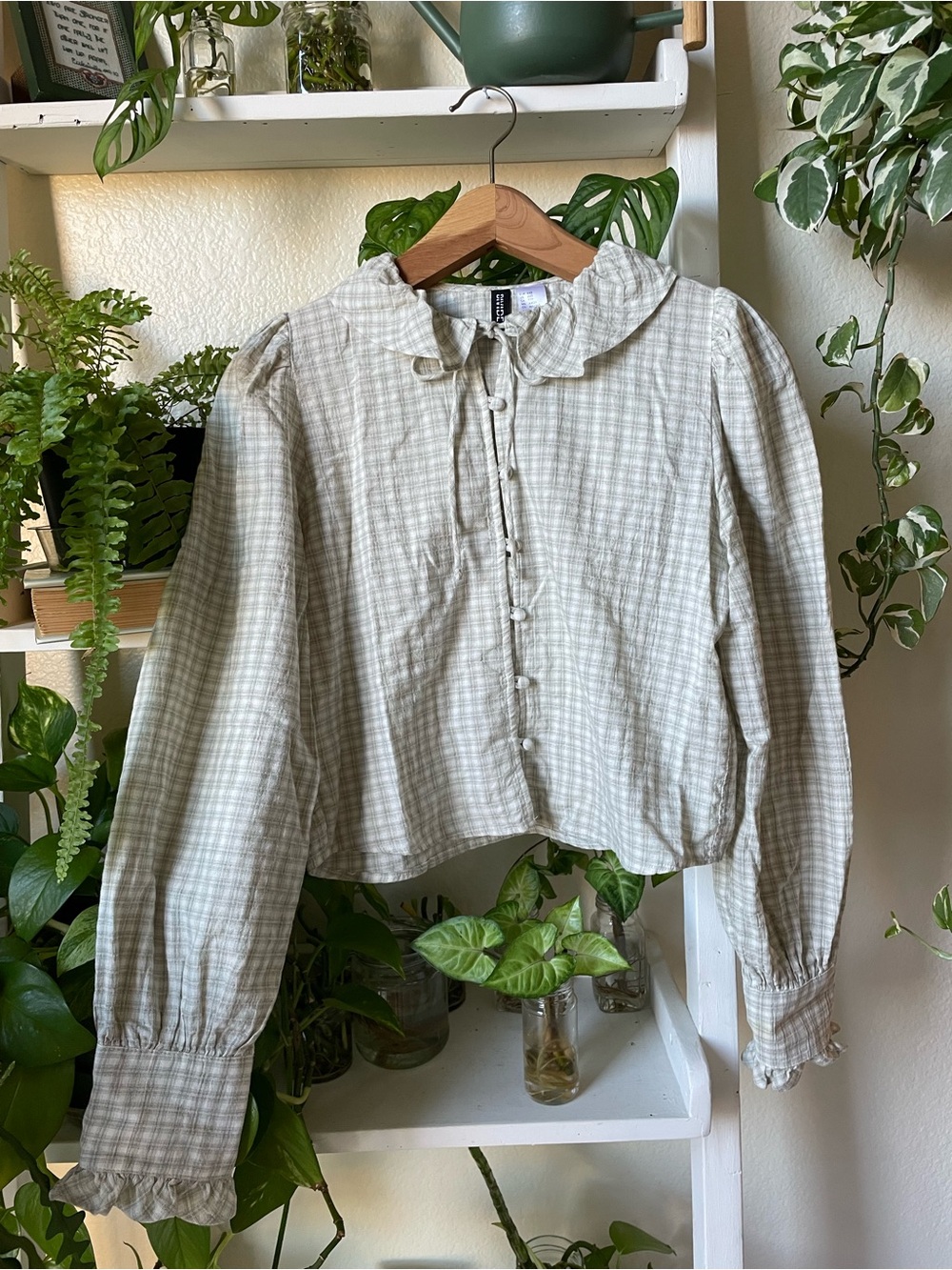 H&M Light Green Plaid Ruffle-Collar Button-Up Blouse